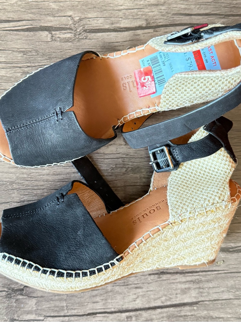 gentle souls Black and Natural Espadrille Wedge Sandals